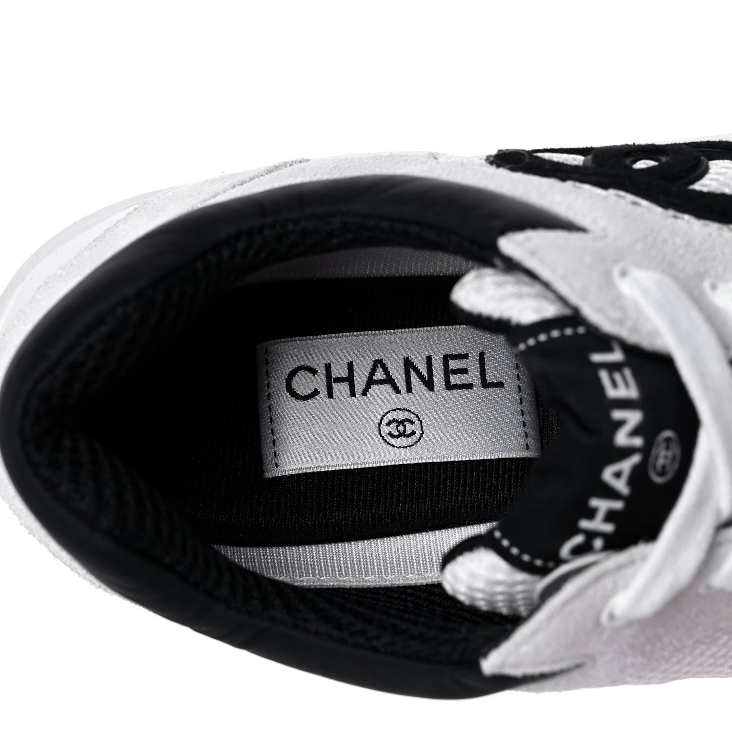 Chanel Mesh Suede Calfskin Grained Calfskin Womens CC Sneakers 39 White Black 7 of 10