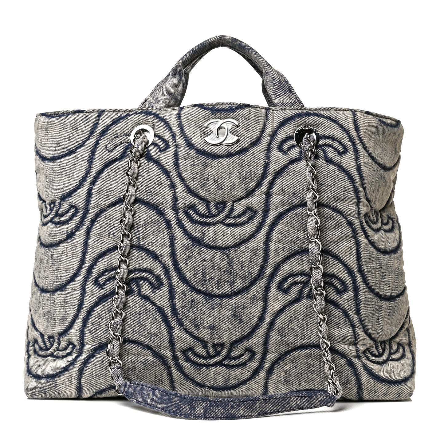 Denim Embossed CC Logo Print Shopping Tote Navy Blue