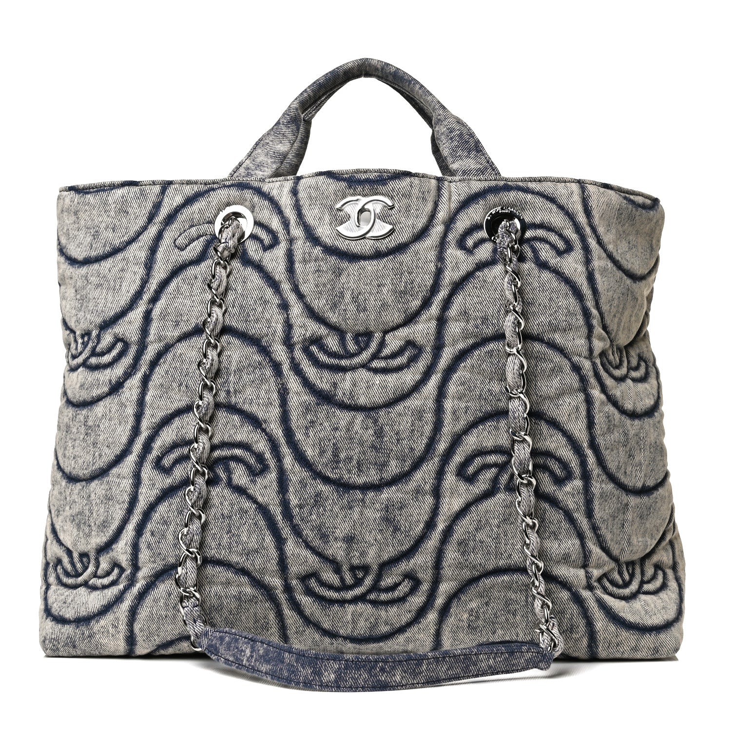 Chanel Denim Embossed CC Logo Print Shopping Tote Navy Blue 1 of 12