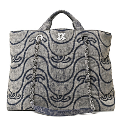 Chanel Denim Embossed CC Logo Print Shopping Tote Navy Blue 1 of 12