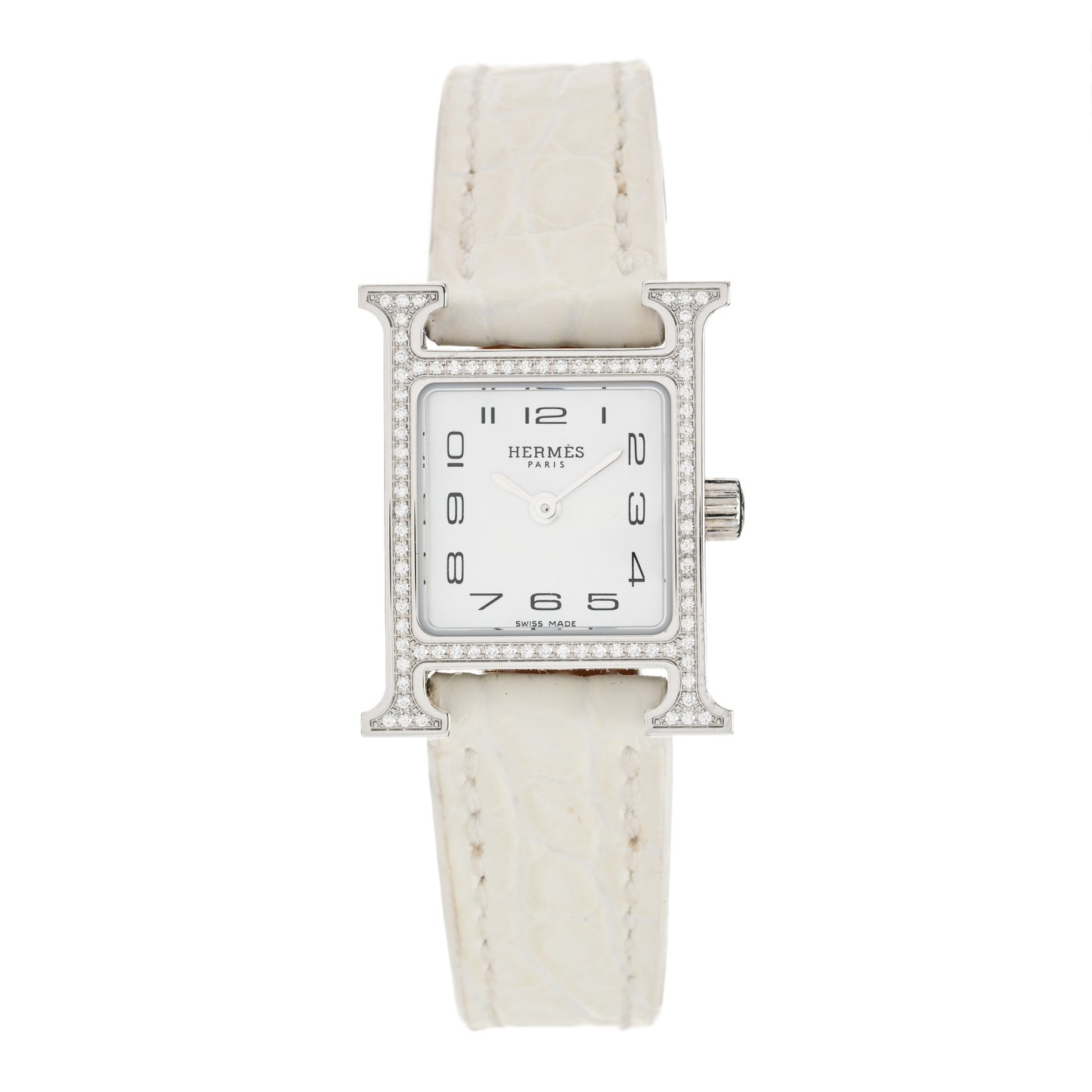 Stainless Steel Alligator Diamond Bezel Mother of Pearl 17.2mm Heure H Hour Quartz Watch Blanc