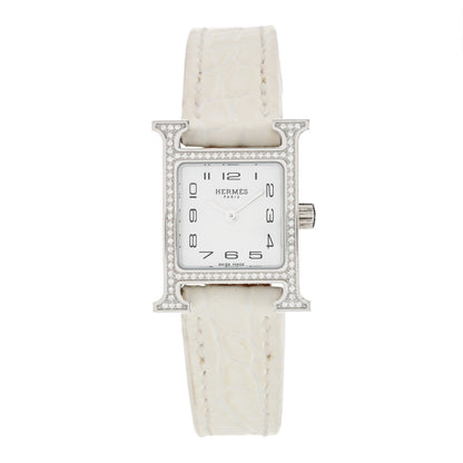 Hermes Stainless Steel Alligator Diamond Bezel Mother of Pearl 17.2mm Heure H Hour Quartz Watch Blanc 1 of 5