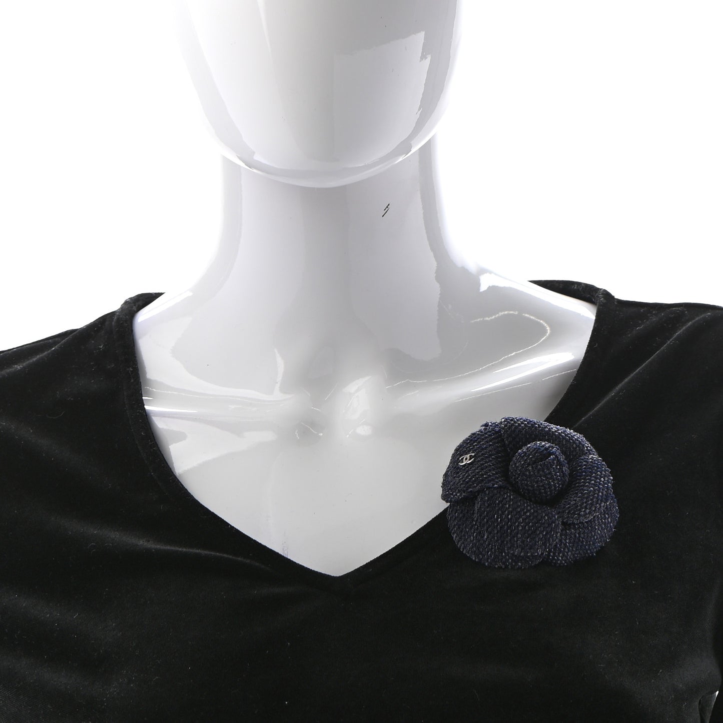 Tweed Camellia Pin Brooch Navy Blue