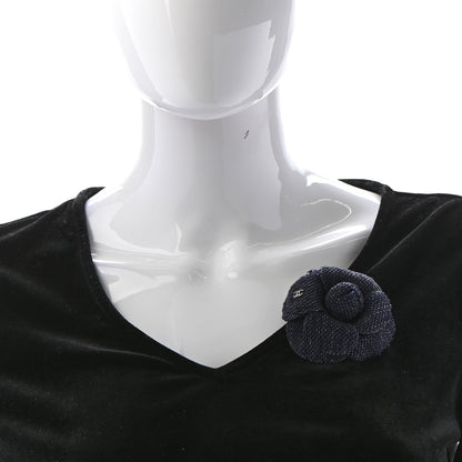Chanel Tweed Camellia Pin Brooch Navy Blue 2 of 4