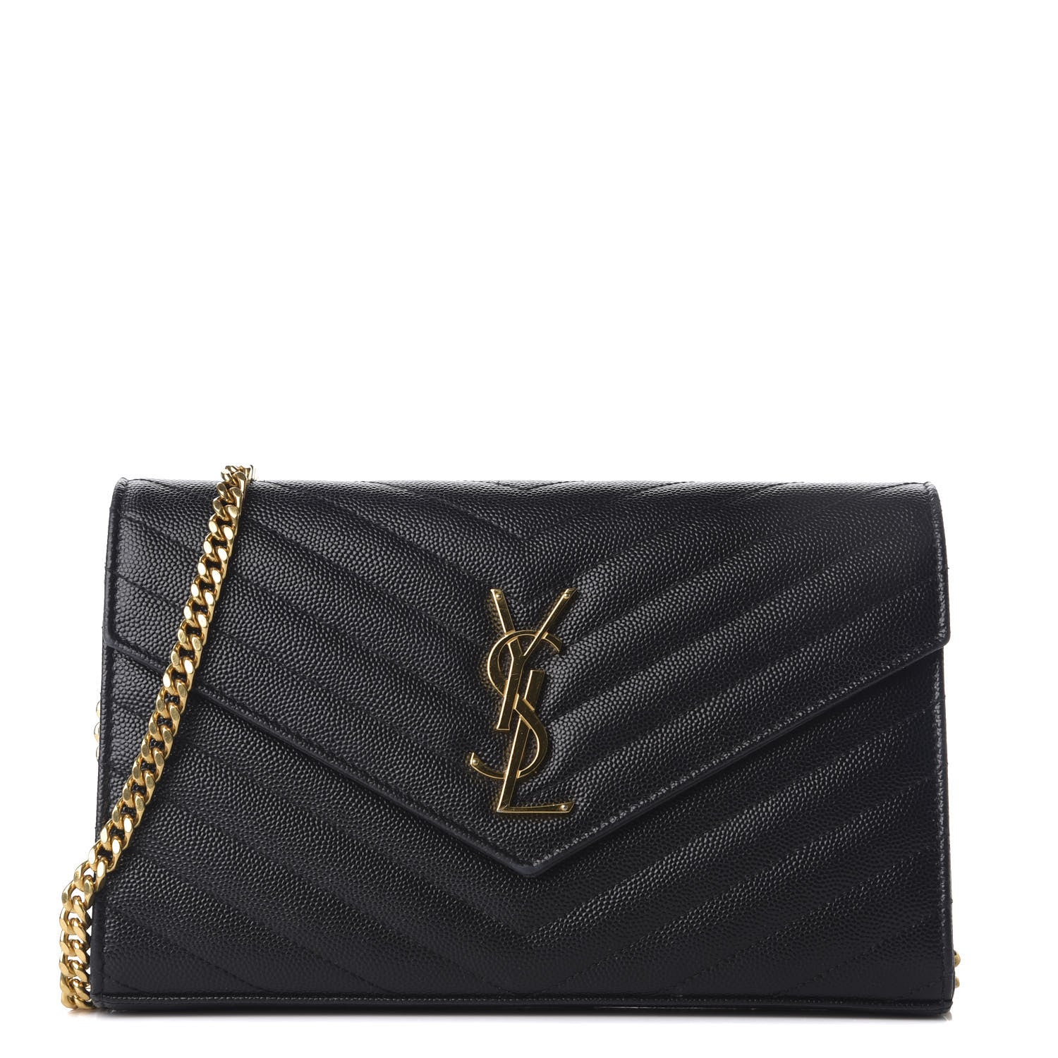 Saint Laurent Grain De Poudre Matelasse Chevron Monogram Chain Wallet Black 1 of 9
