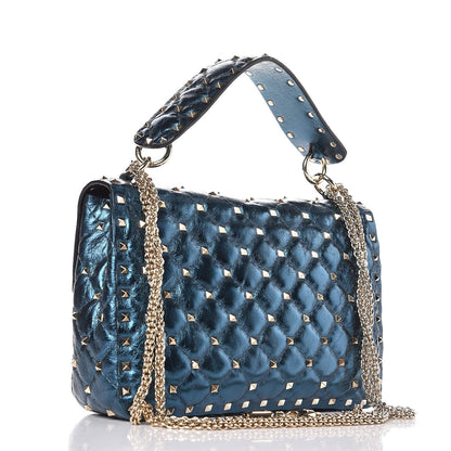 Valentino Garavani Metallic Wrinkled Lambskin Medium Rockstud Spike Shoulder Bag Peacock 3 of 7