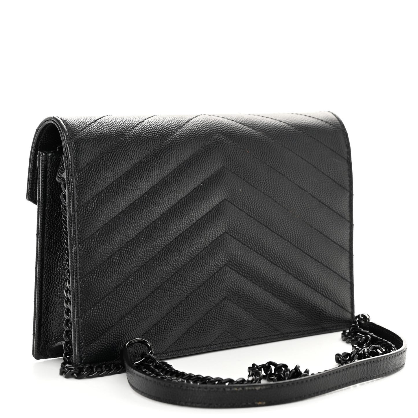 SAINT LAURENT Grain De Poudre Matelasse Chevron Monogram Monochrome Envelope Chain Wallet Black