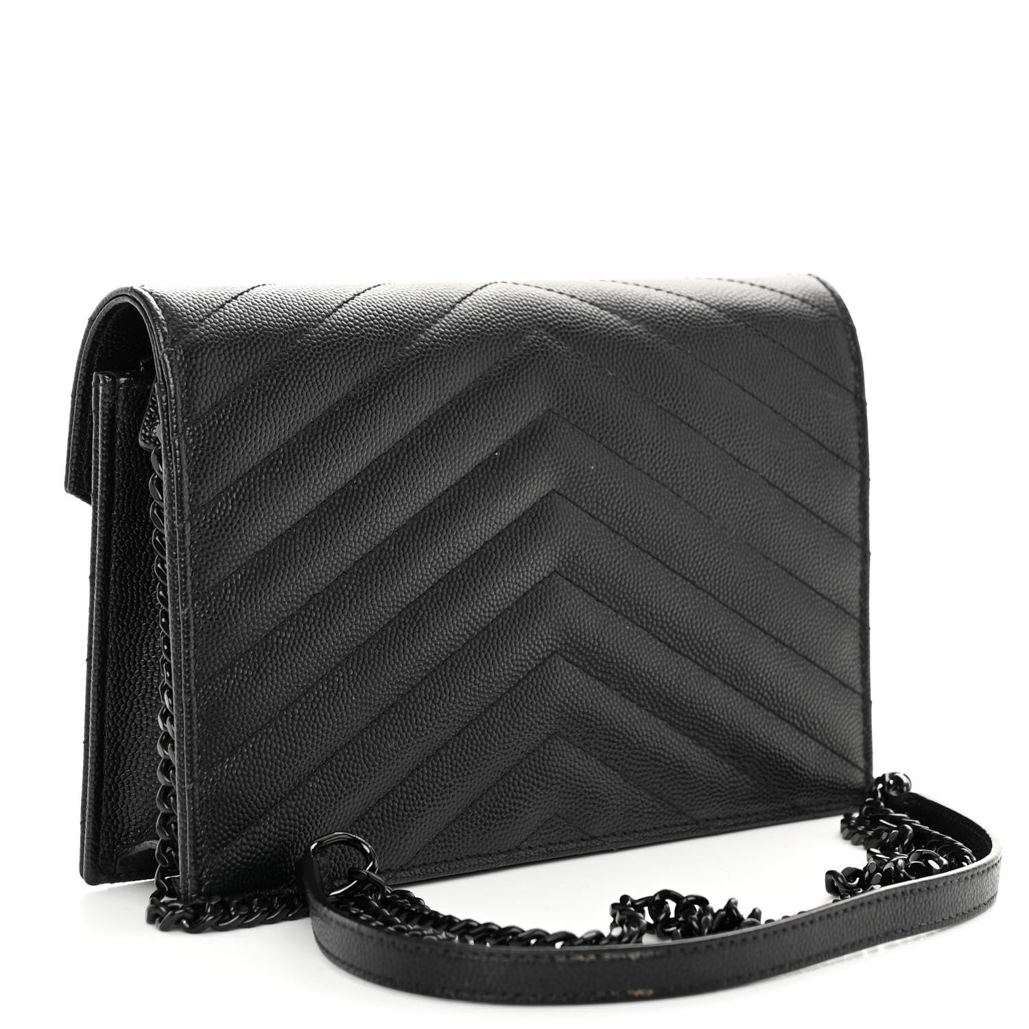 Saint Laurent SAINT LAURENT Grain De Poudre Matelasse Chevron Monogram Monochrome Envelope Chain Wallet Black 3 of 10