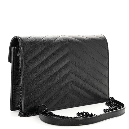 Saint Laurent SAINT LAURENT Grain De Poudre Matelasse Chevron Monogram Monochrome Envelope Chain Wallet Black 3 of 10