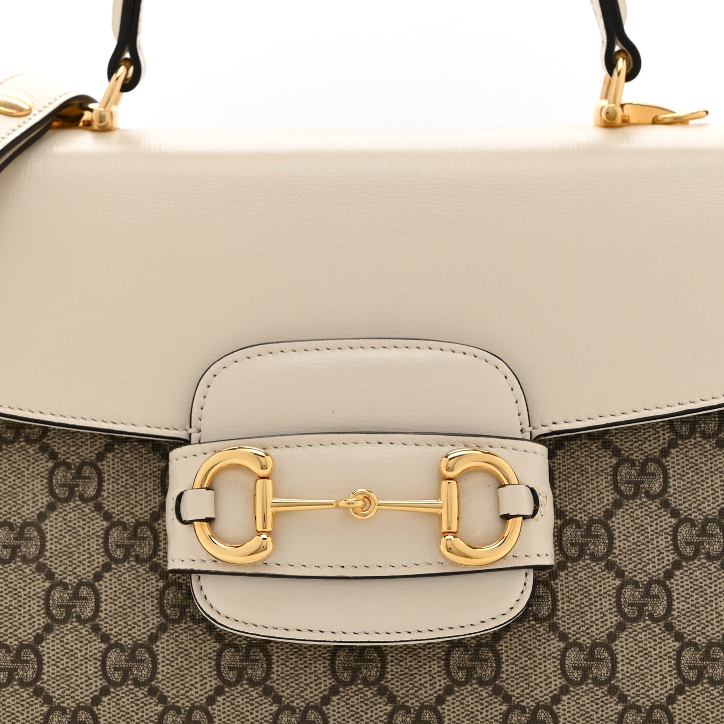 GG Supreme Monogram Calfskin Medium Horsebit 1955 Top Handle Bag Beige Ebony Mystic White