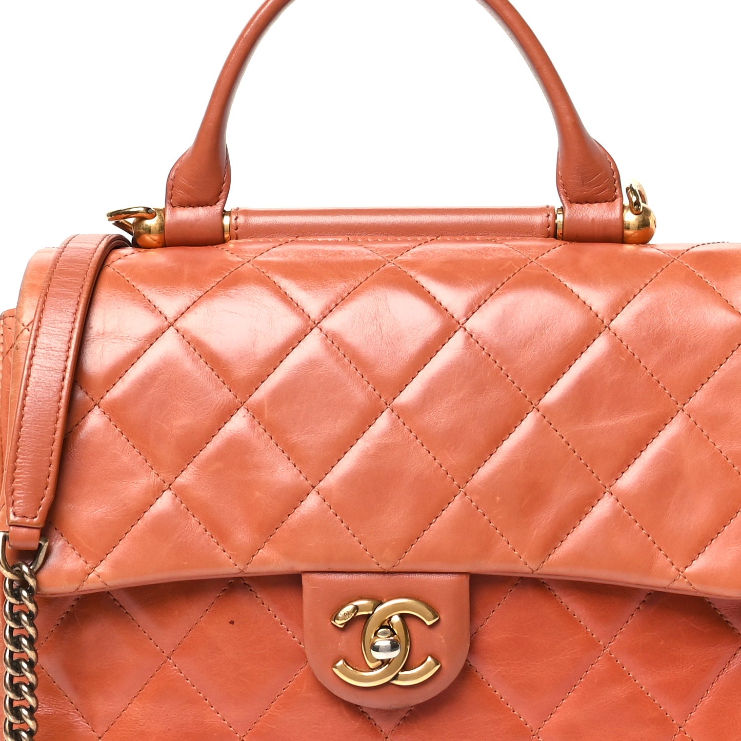 Glazed Calfskin Quilted Medium Gold Bar Top Handle Flap Orange