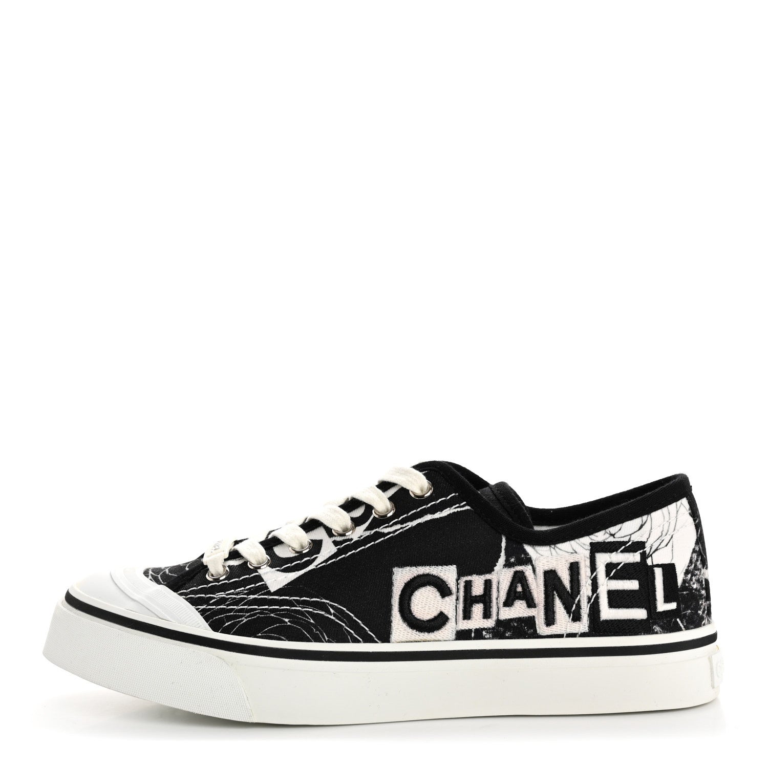 Chanel Printed Fabric Low Top Logo Sneakers 38.5 White Black 1 of 10