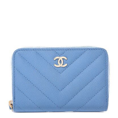 Chanel Caviar Chevron Quilted Zip Coin Purse Blue 1 of 8