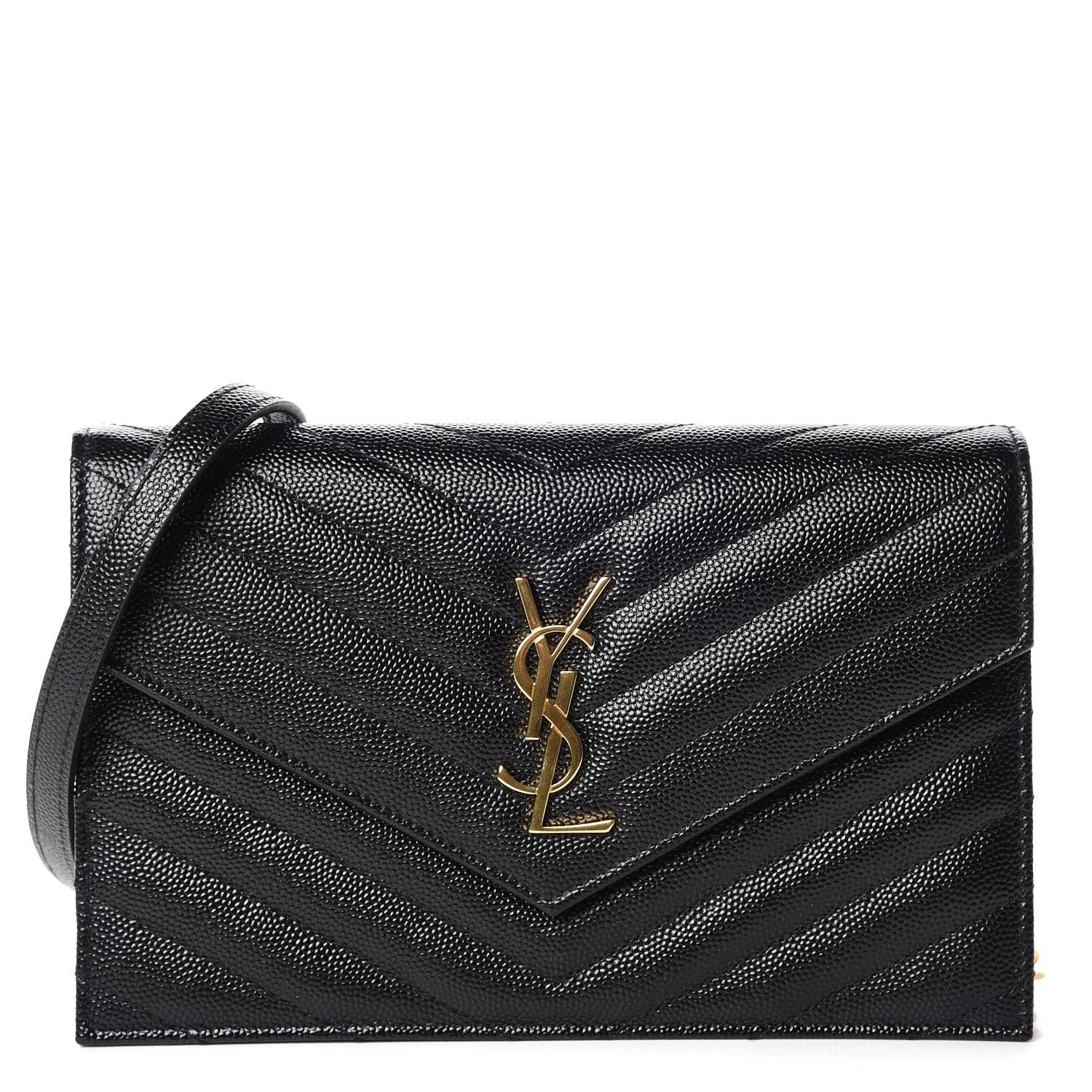 Saint Laurent Grain De Poudre Matelasse Chevron Monogram Envelope Chain Wallet Black 1 of 9