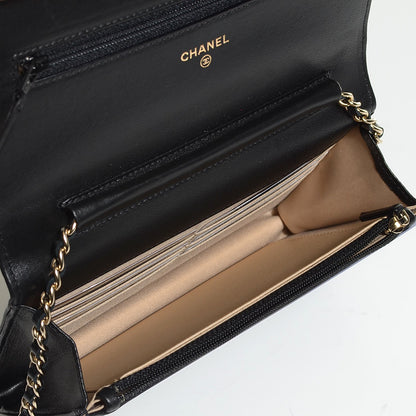 Chanel Lambskin Camellia Embossed Wallet on Chain WOC Black 5 of 9