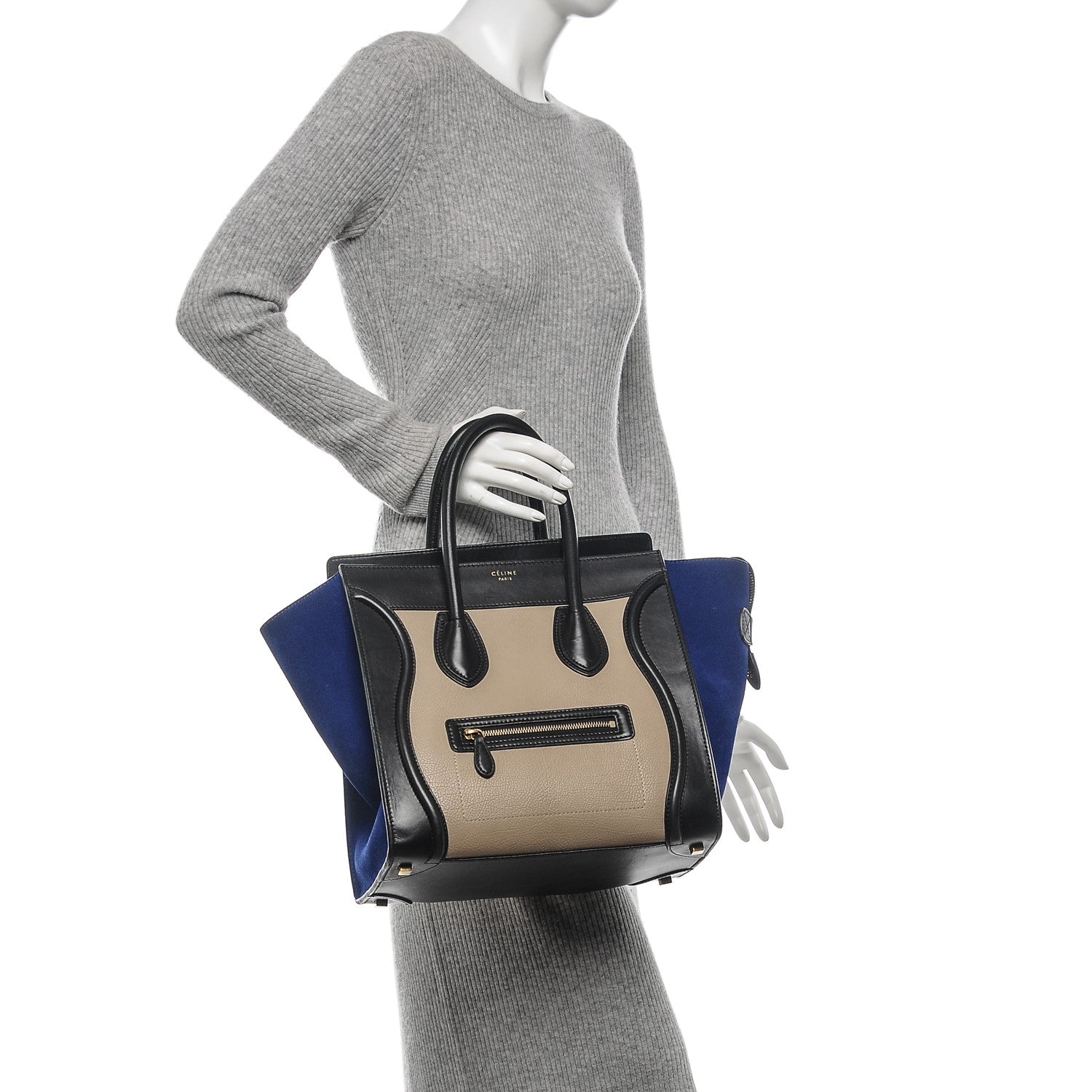 Celine Textured Calfskin Suede Mini Tri-Color Luggage Sand 2 of 8