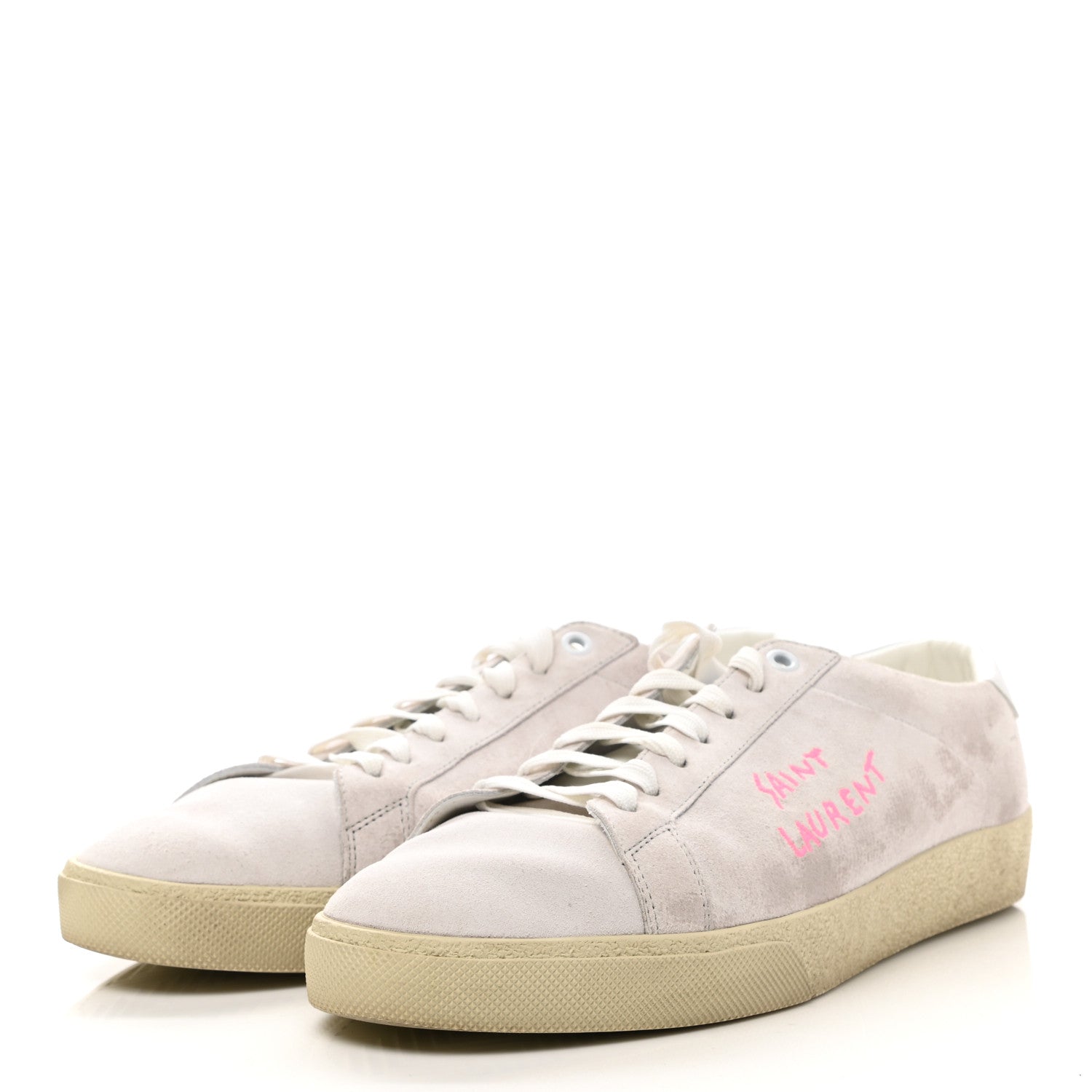 Saint Laurent Distressed Suede Embroidered Mens Court Classic Sneakers 42.5 White Pink 3 of 9