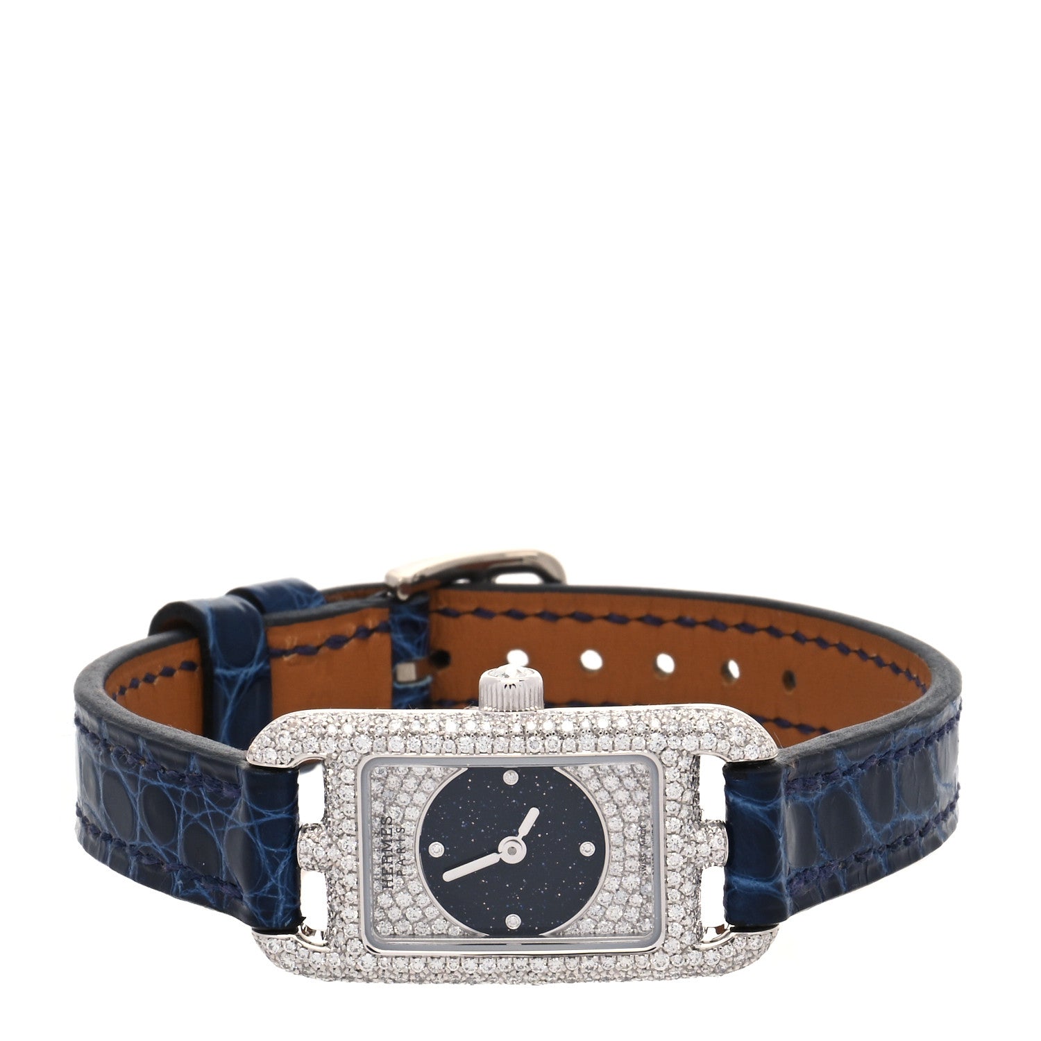 Hermes 18K White Gold Alligator Diamond Aventurine 17mm Nantucket Quartz Watch Bleu Saphir 2 of 5