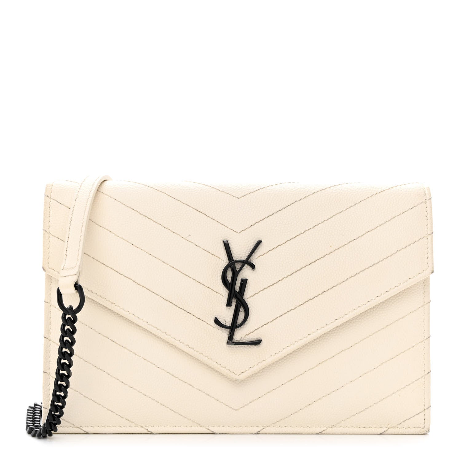 Saint Laurent Grain De Poudre Matelasse Chevron Monogram Envelope Chain Wallet Dove White 1 of 18