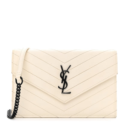 Saint Laurent Grain De Poudre Matelasse Chevron Monogram Envelope Chain Wallet Dove White 1 of 18