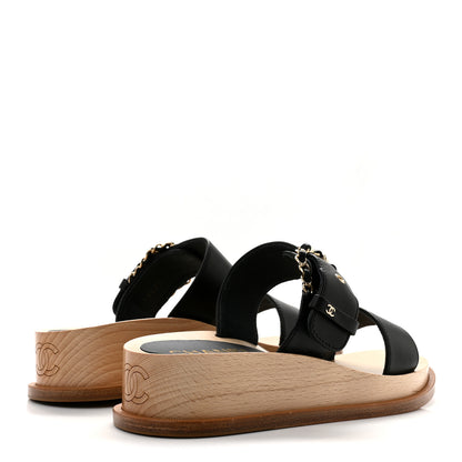 Chanel Calfskin Wood Buckle Sandals 36 Black 5 of 10