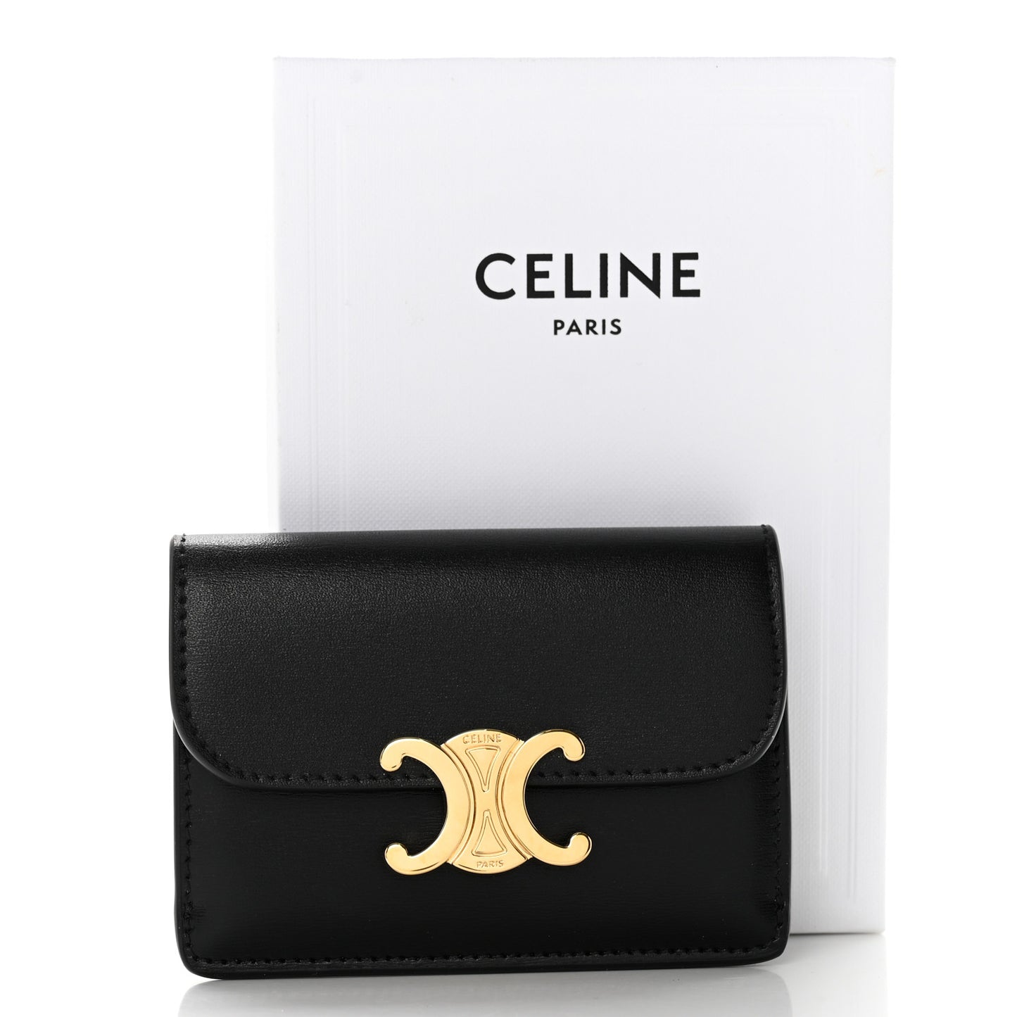 Shiny Calfskin Triomphe Flap Card Holder Black