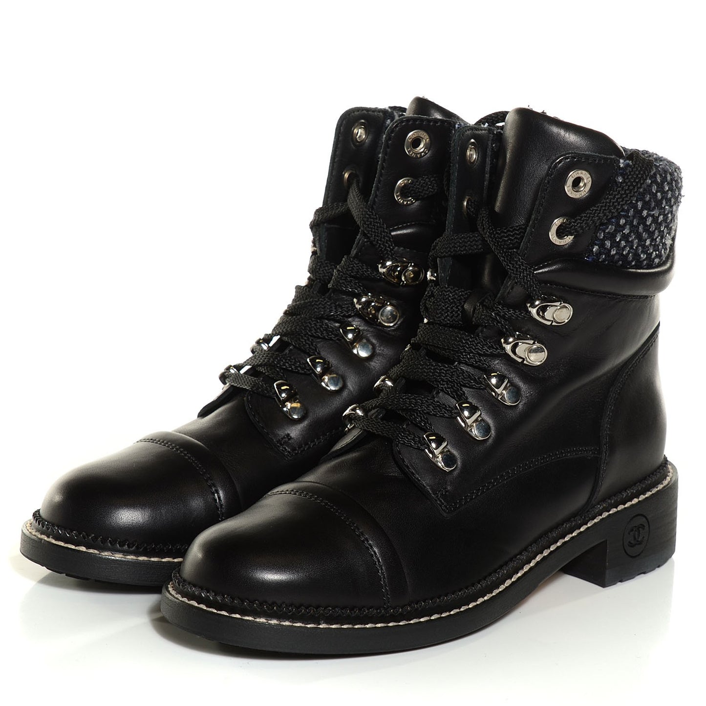 Calfskin Wool Combat Boots 36.5 Black