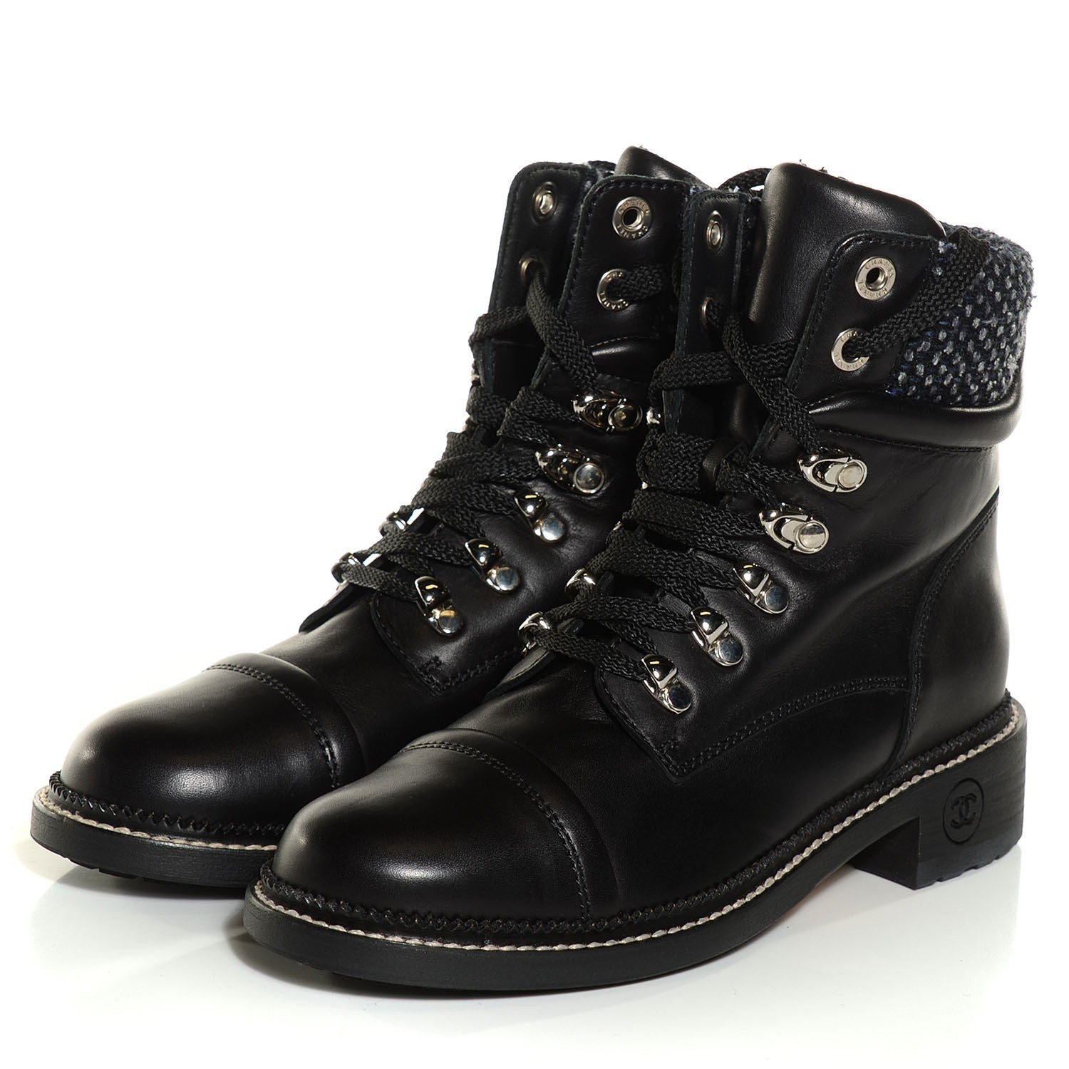 Chanel Calfskin Wool Combat Boots 36.5 Black 3 of 8