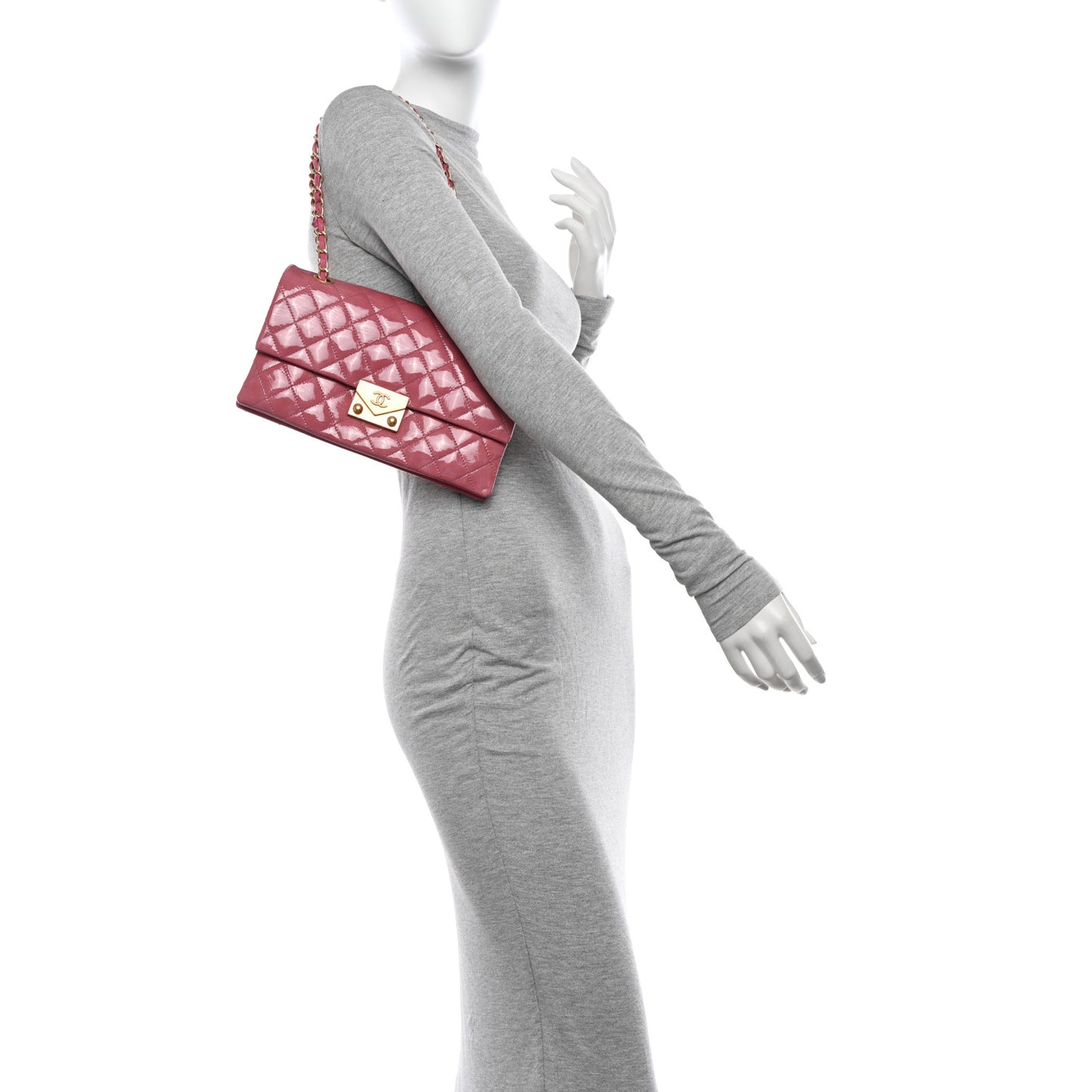 Patent Goatskin Quilted Small 3 Pocket Accordion Flap Pink