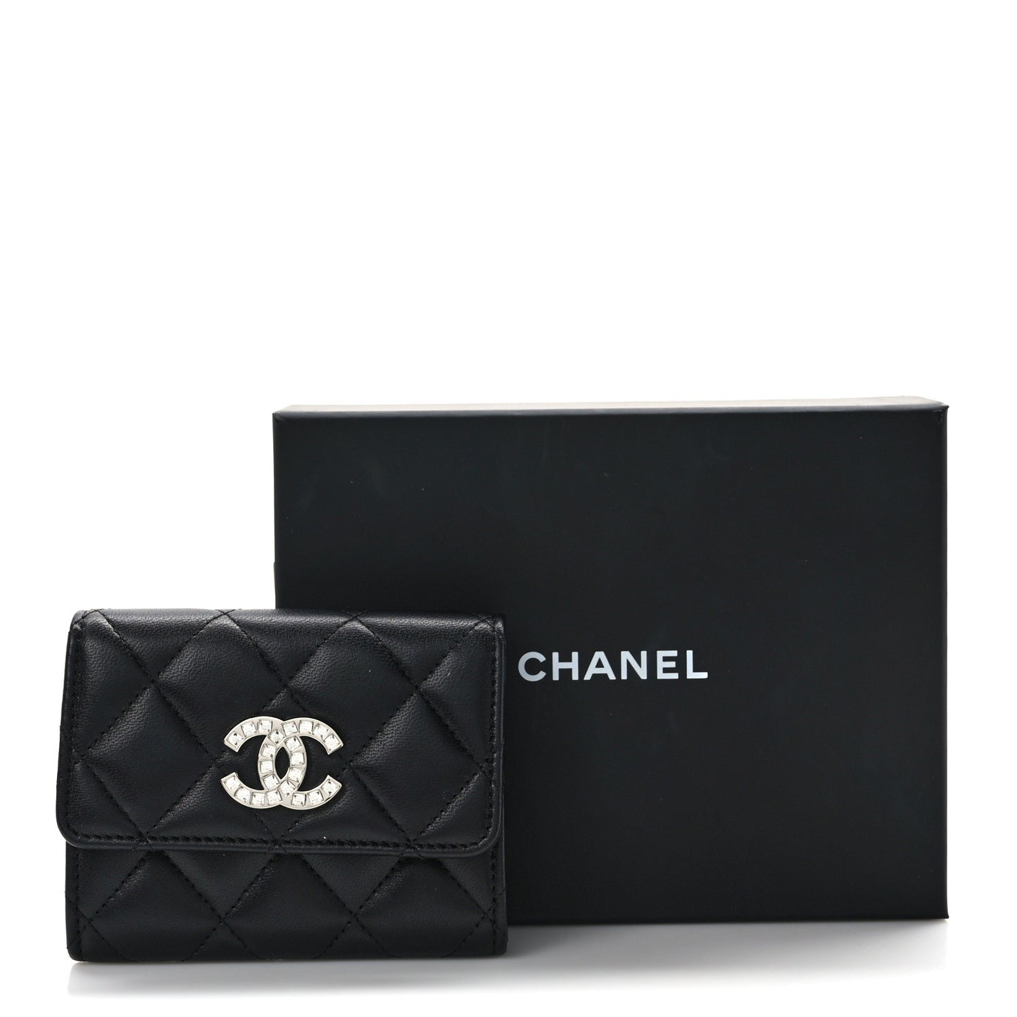 Lambskin Quilted Flap Baguette Crystal Card Holder Wallet Black