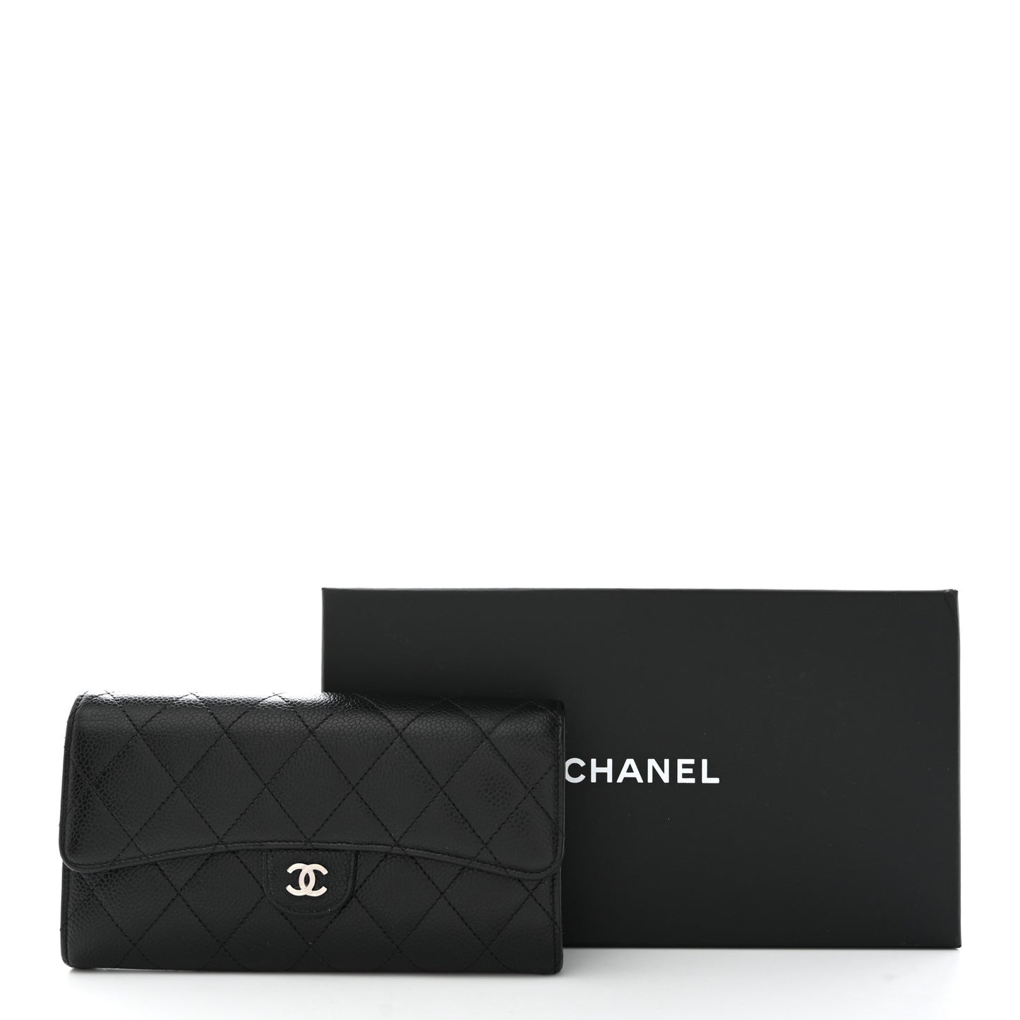 Caviar Quilted Large Gusset Flap Wallet Black