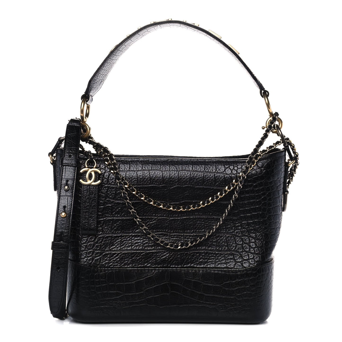 Crocodile Embossed Calfskin Medium Gabrielle Cocodile Hobo Black