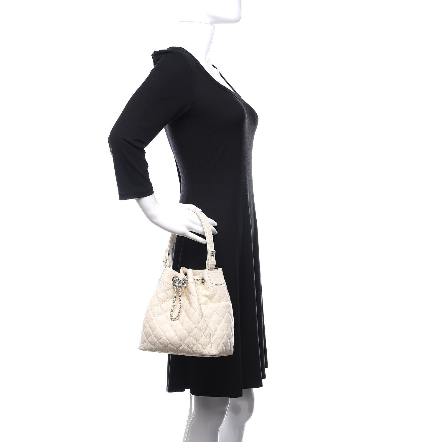 Chanel Caviar Flat Quilted Small Chain Bucket Bag Off White 3 of 11