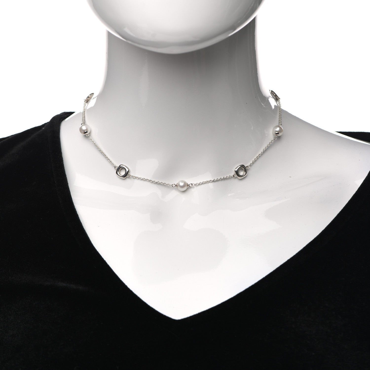 Tiffany Sterling Silver Pearl Elsa Peretti Cushion Station Necklace 2 of 4