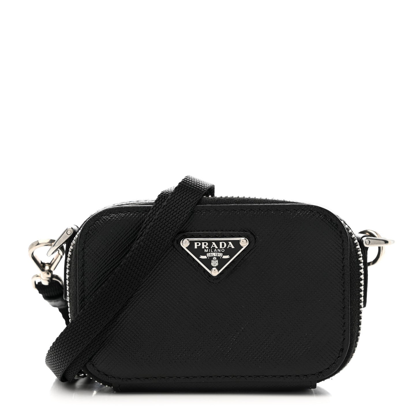 Saffiano Travel Metal Triangle Logo Mini Pouch Shoulder Bag Black