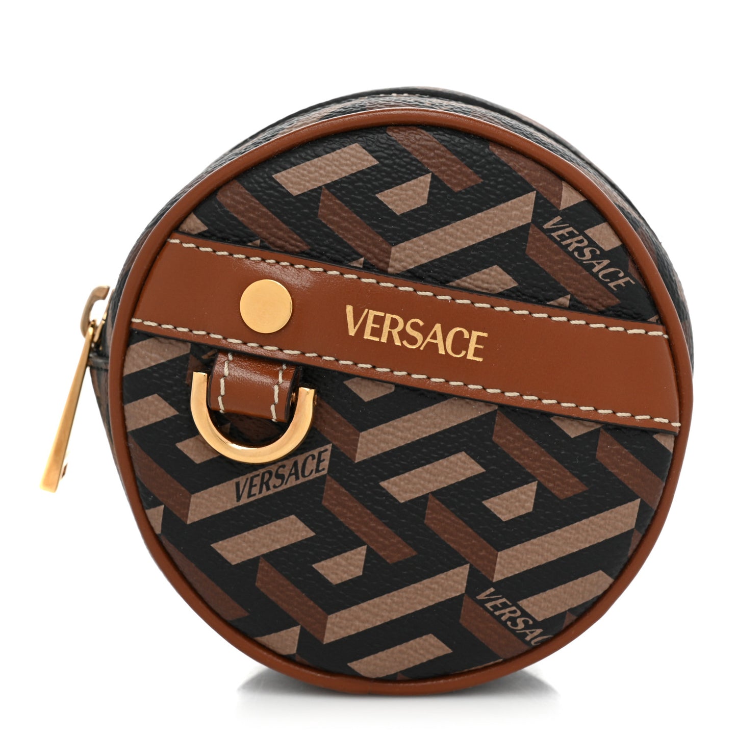 Coated Canvas Calfskin La Greca Round Zip Pouch Black Caramel