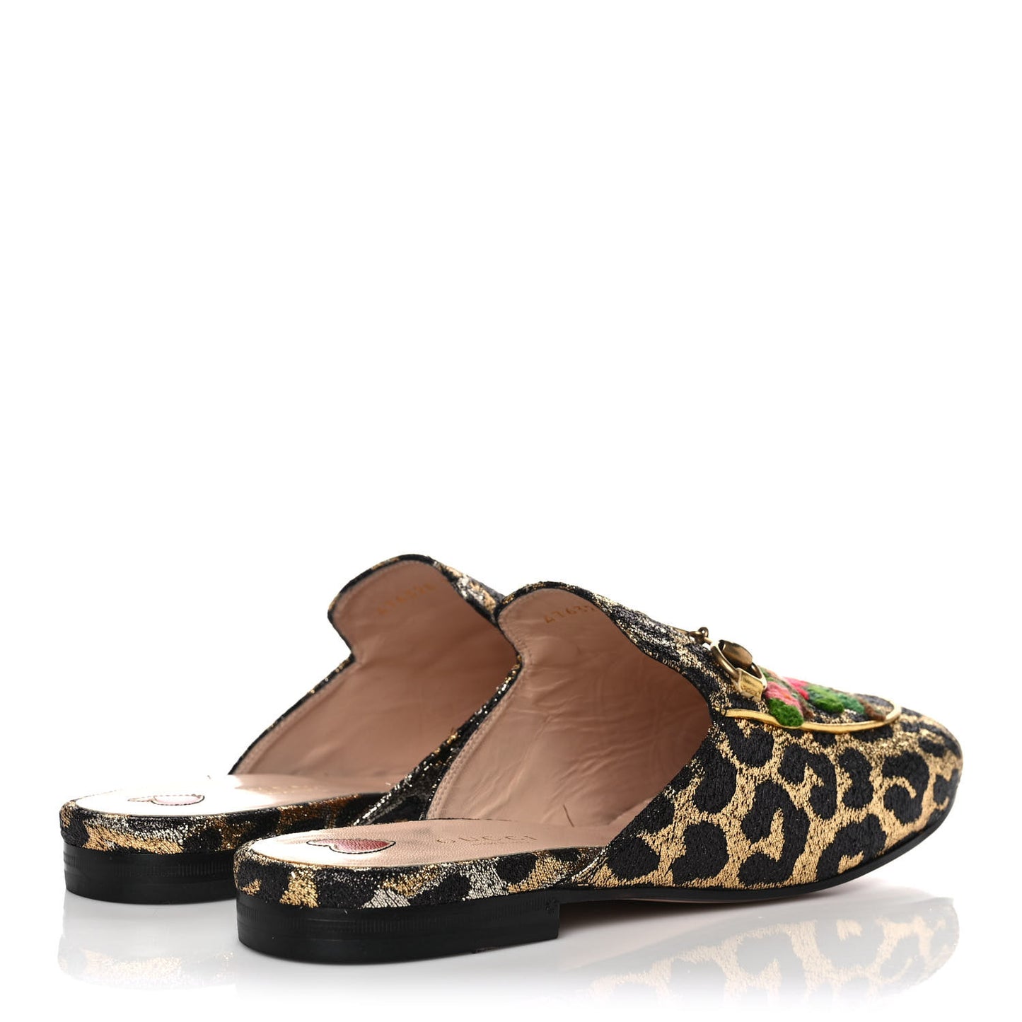 Lurex Jacquard Leopard Embroidered Womens Princetown Slippers 39.5 Black Gold