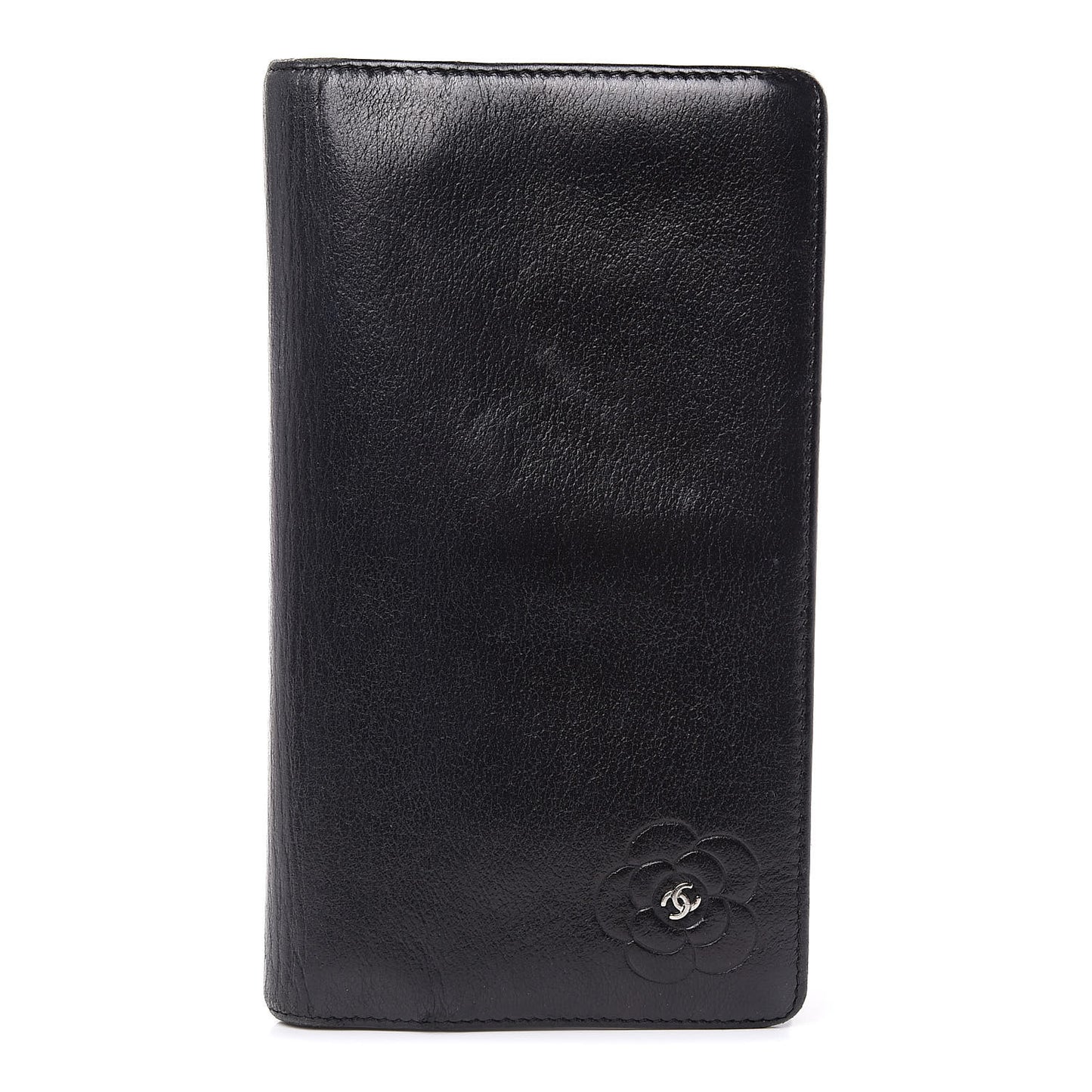 Goatskin Camellia Embossed Yen Wallet Black