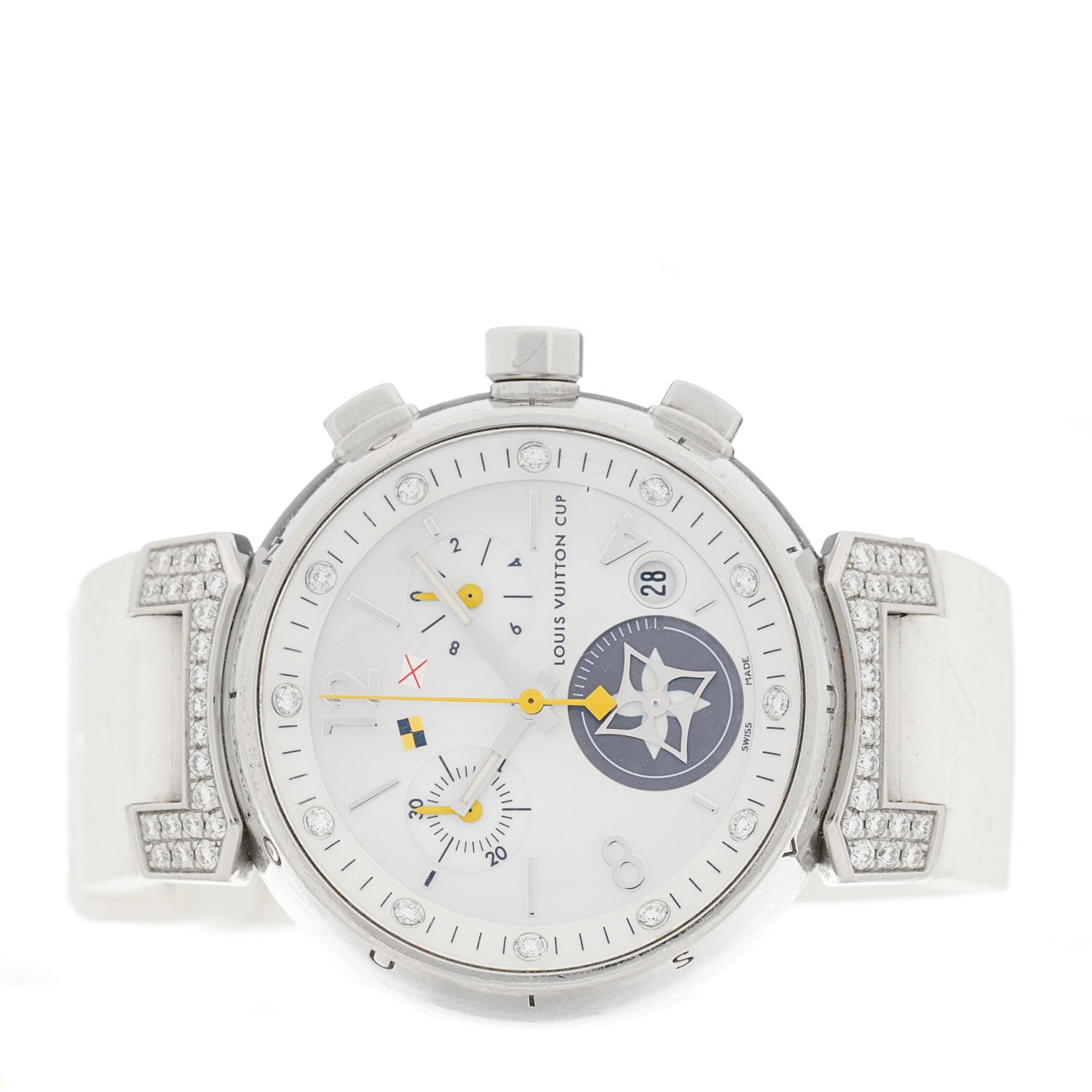 Louis Vuitton Stainless Steel Rubber Diamond Mother of Pearl 34mm Tambour Lovely Cup Quartz Watch 2 of 4