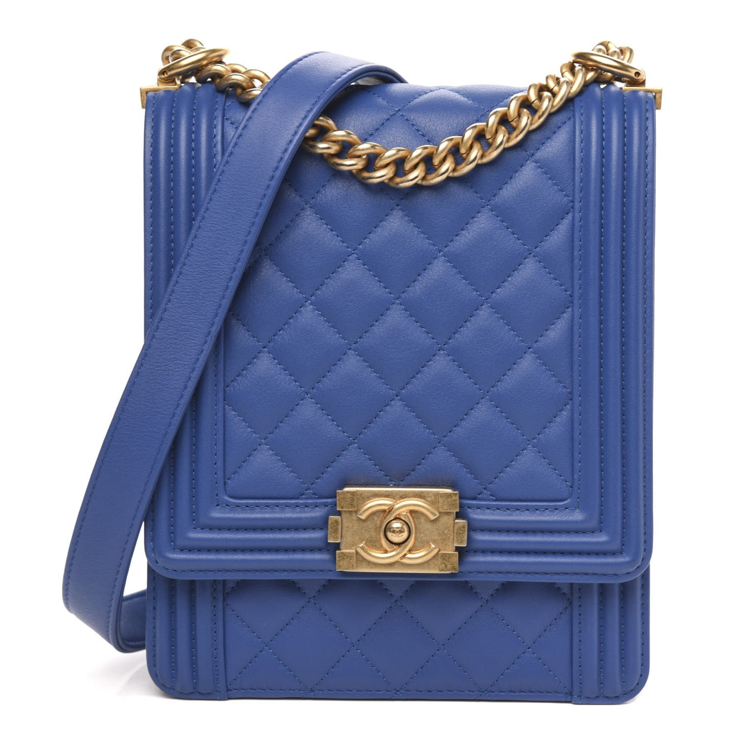 Calfskin Quilted North South Boy Flap Blue