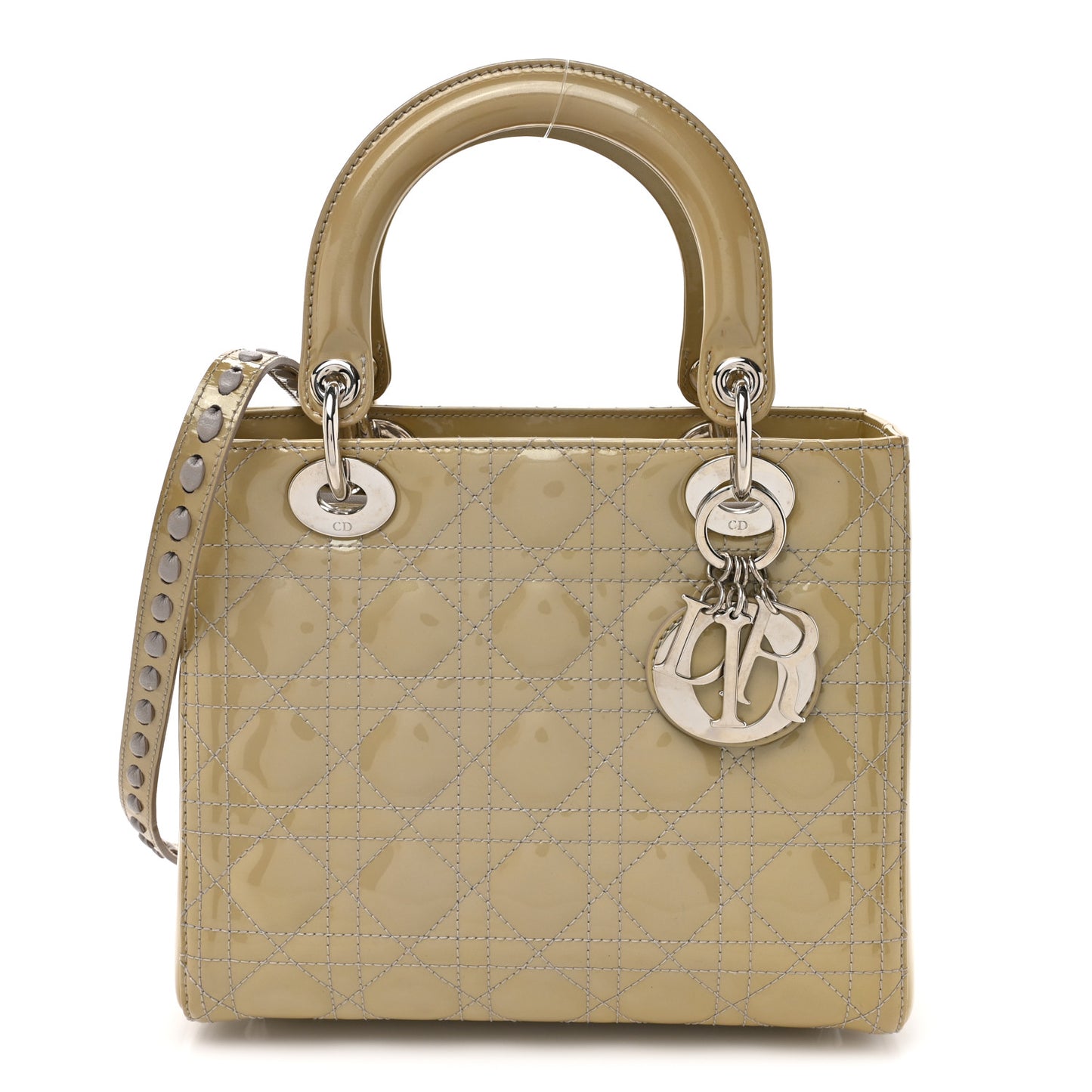 Patent Cannage Studded Double Strap Medium Lady Dior Beige