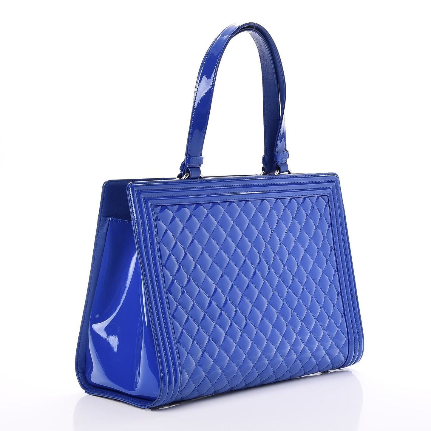 Patent Calfskin Quilted Plexiglass Boy Shopping Tote Blue