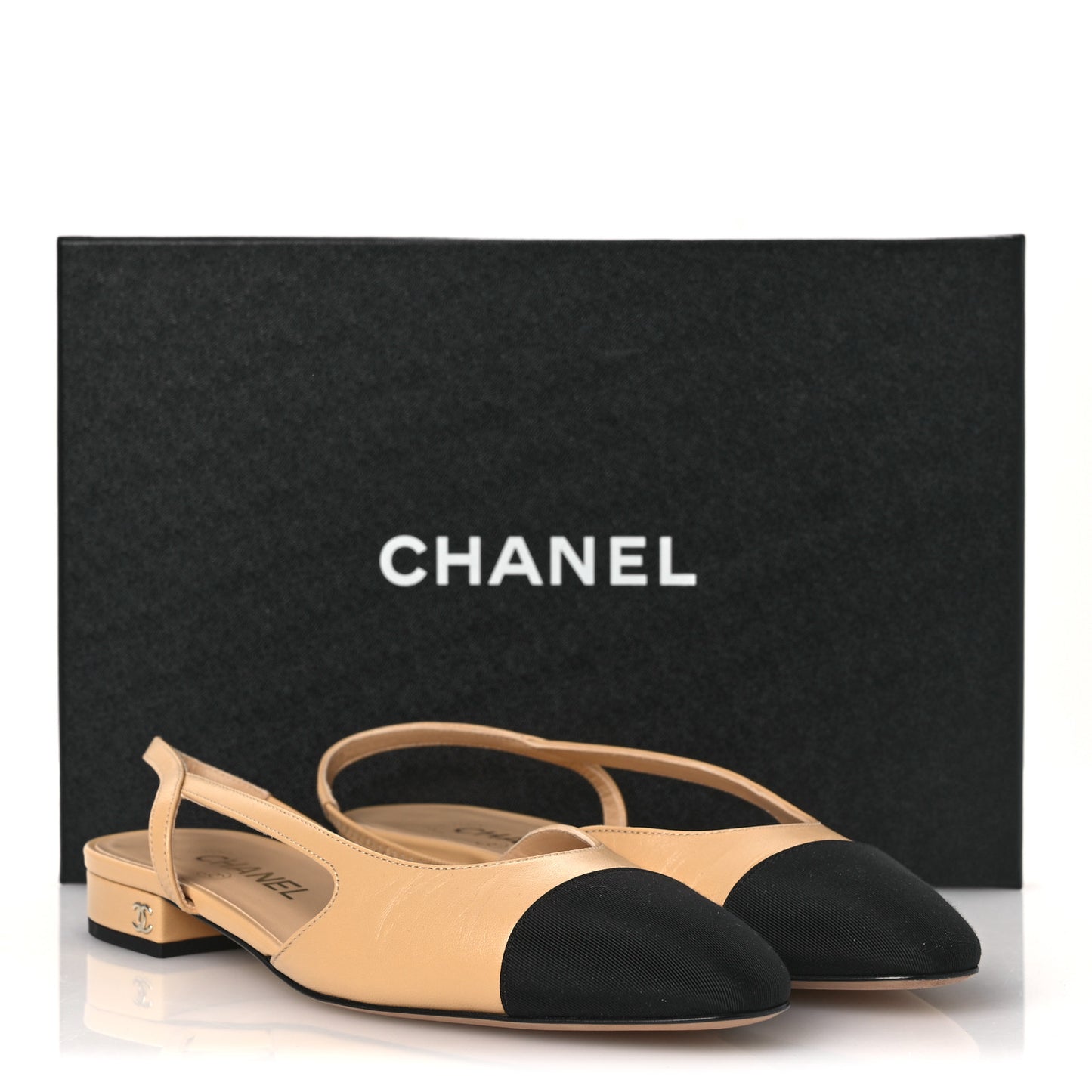 Goatskin Grosgrain Cap Toe CC Slingback Sandals 38.5 Beige Black