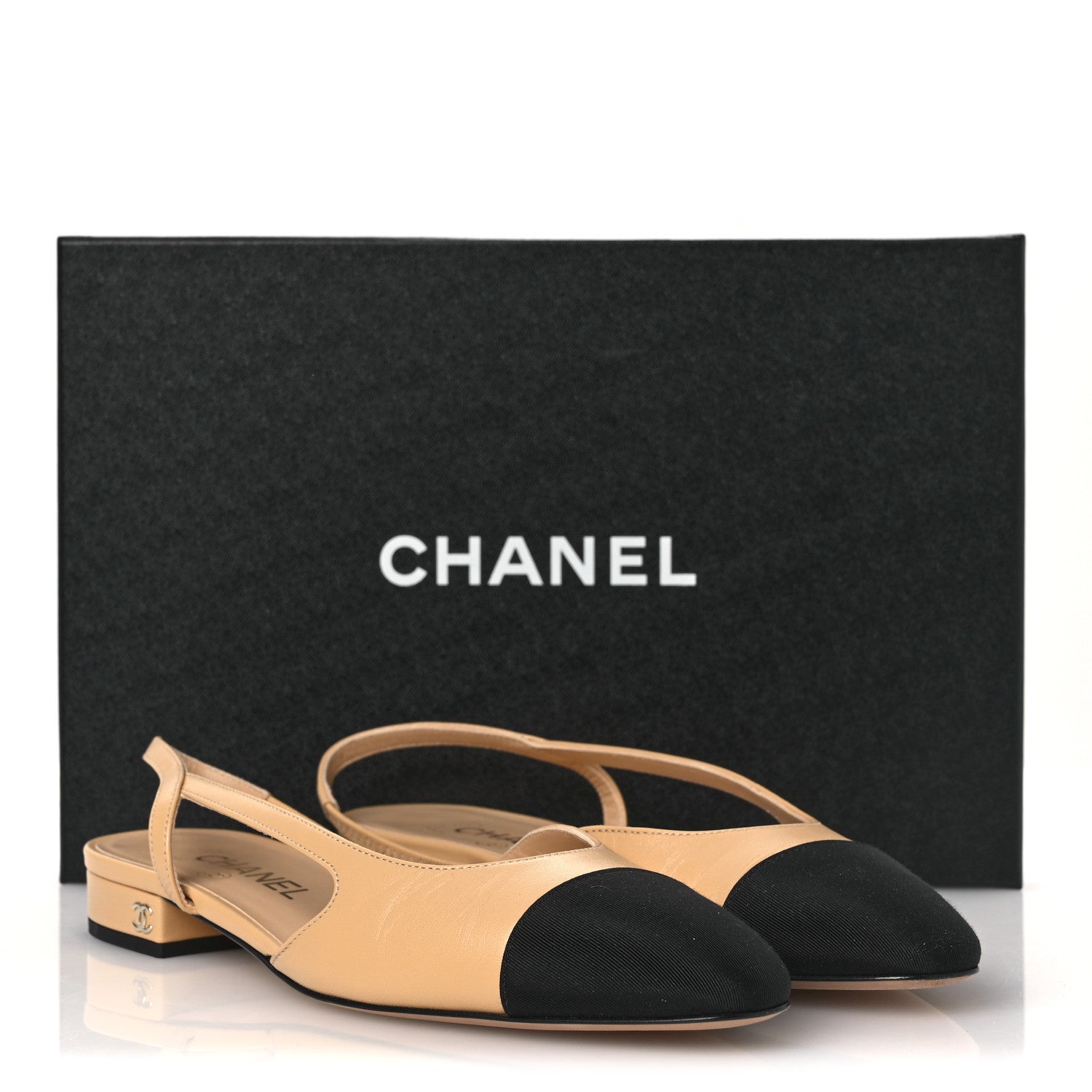 Chanel Goatskin Grosgrain Cap Toe CC Slingback Sandals 38.5 Beige Black 11 of 11