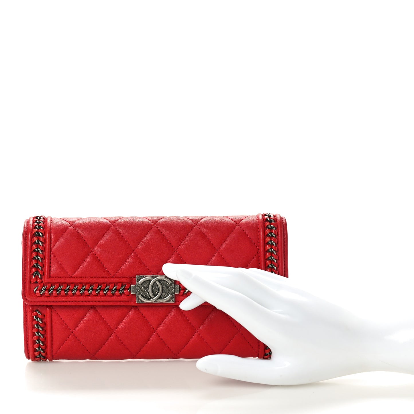 Calfskin Quilted Boy Chain Around Flap Wallet Red