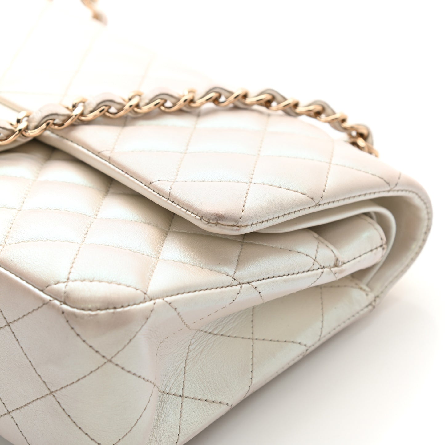 Iridescent Calfskin Quilted Medium Double Flap White