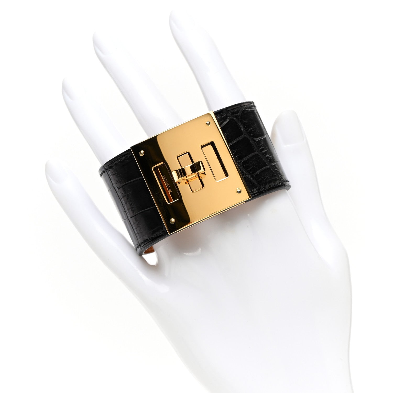 Hermes Shiny Alligator Kelly Dog Cuff T1 Black 2 of 5