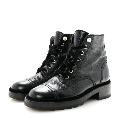 Chanel Shiny Calfskin Velvet Pearl Combat Short Boots 38.5 Black 4 of 9