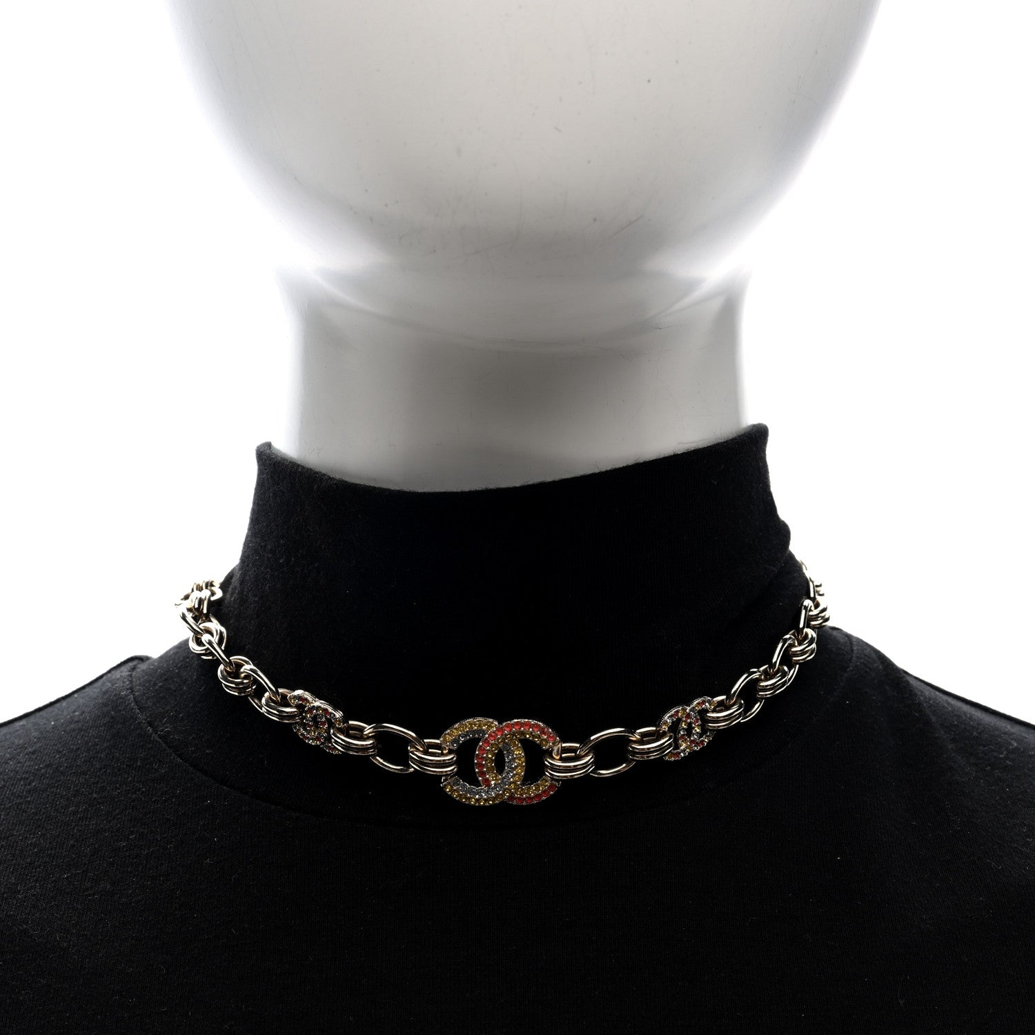 Chanel Crystal Chain CC Choker Necklace Gold Multicolor 2 of 5