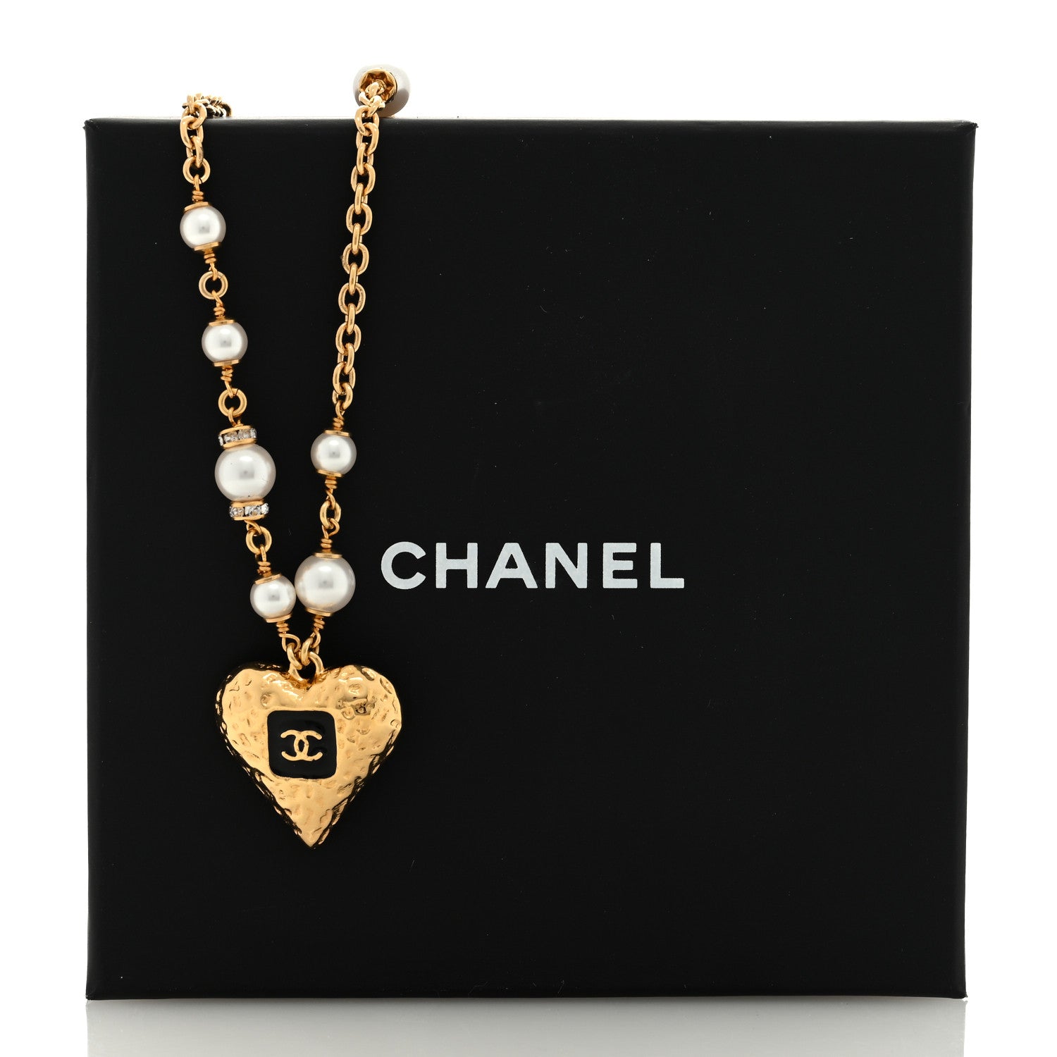 Chanel Pearl Beaded Resin Crystal CC Heart Necklace Black Gold 5 of 5